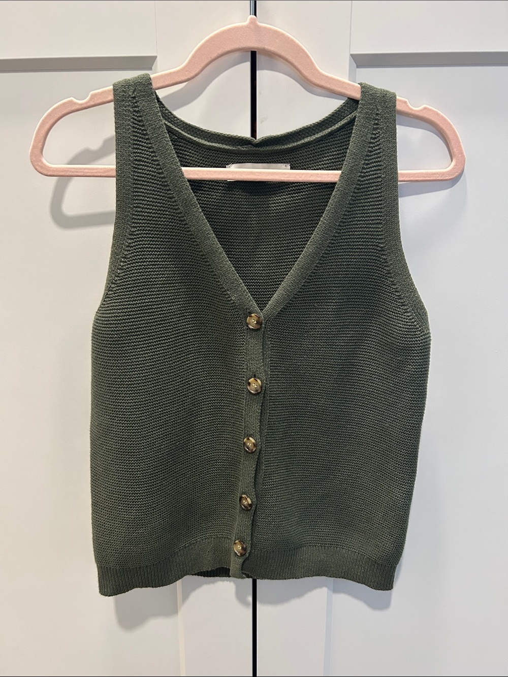 LOFT Olive Green Knit Button-Up Vest with Tortoise Buttons